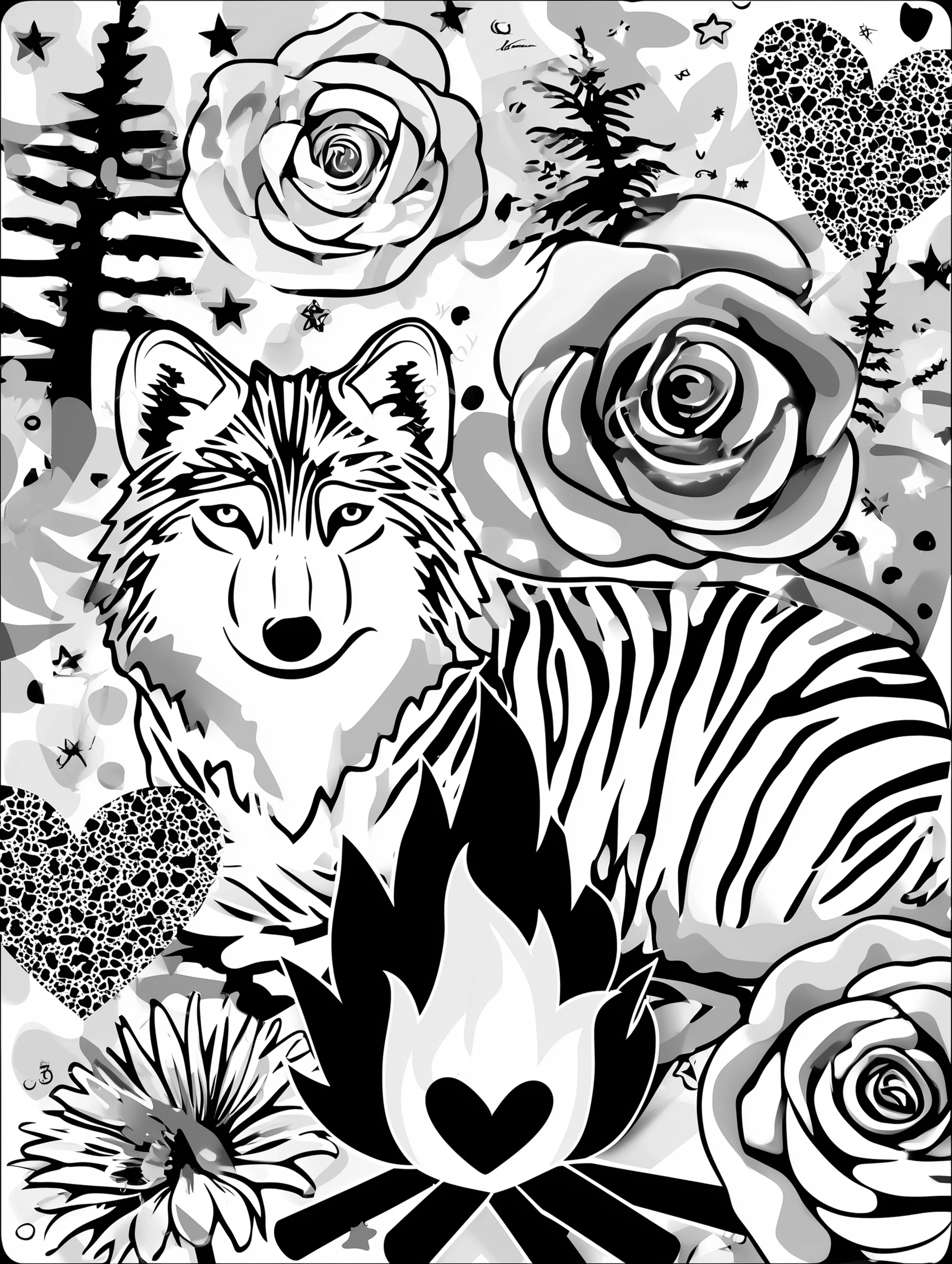 Free printable wolf coloring page for adults featuring a bonfire wolf scene